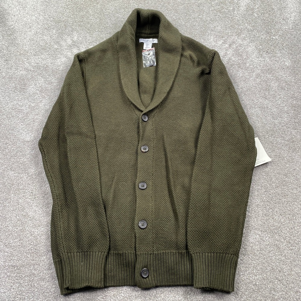 Michael Strahan Collection Cardigan Mens Small Olive Green Shawl Collar Cotton